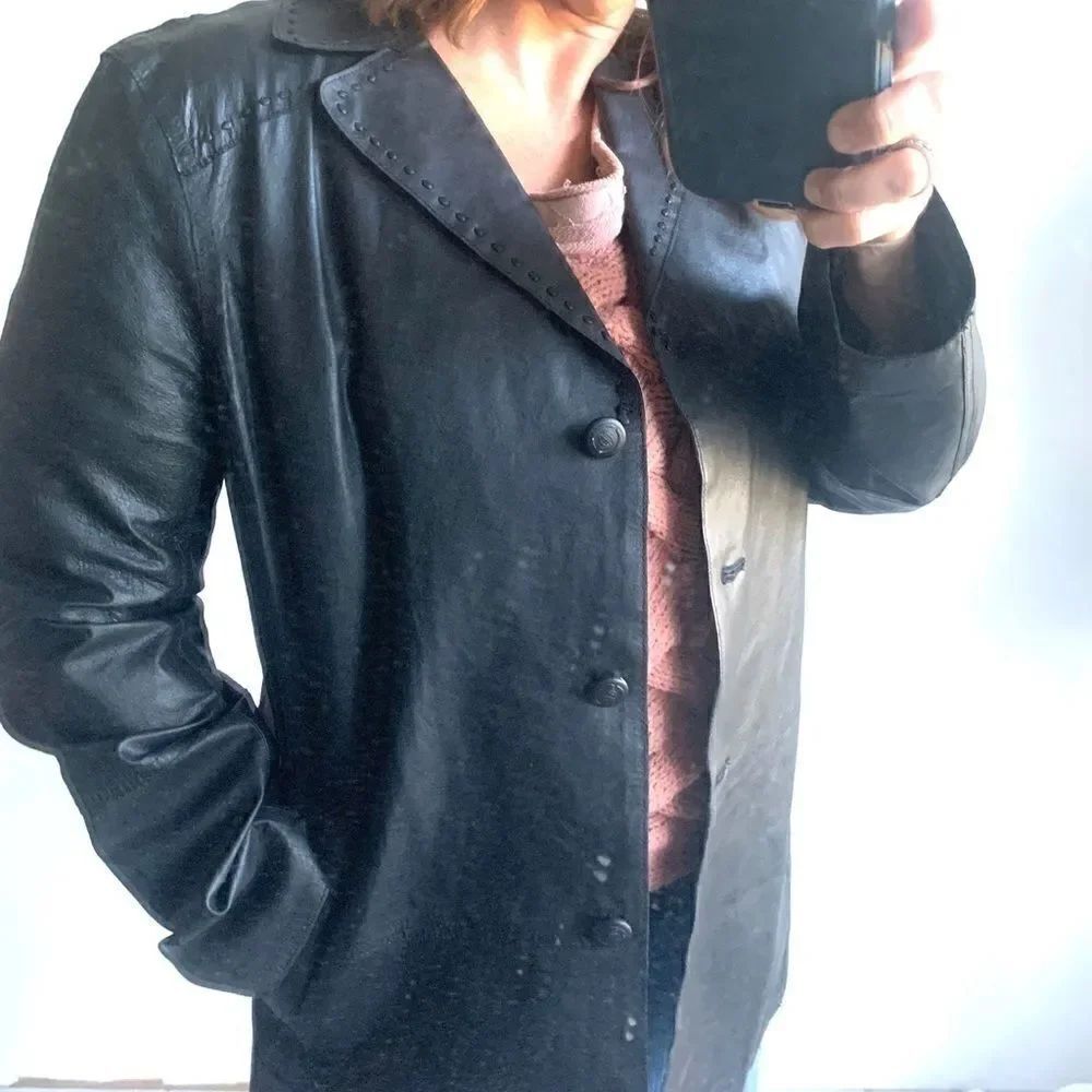 Max Studio Black Leather Jacket W/ Stitching - Picture 5 of 14